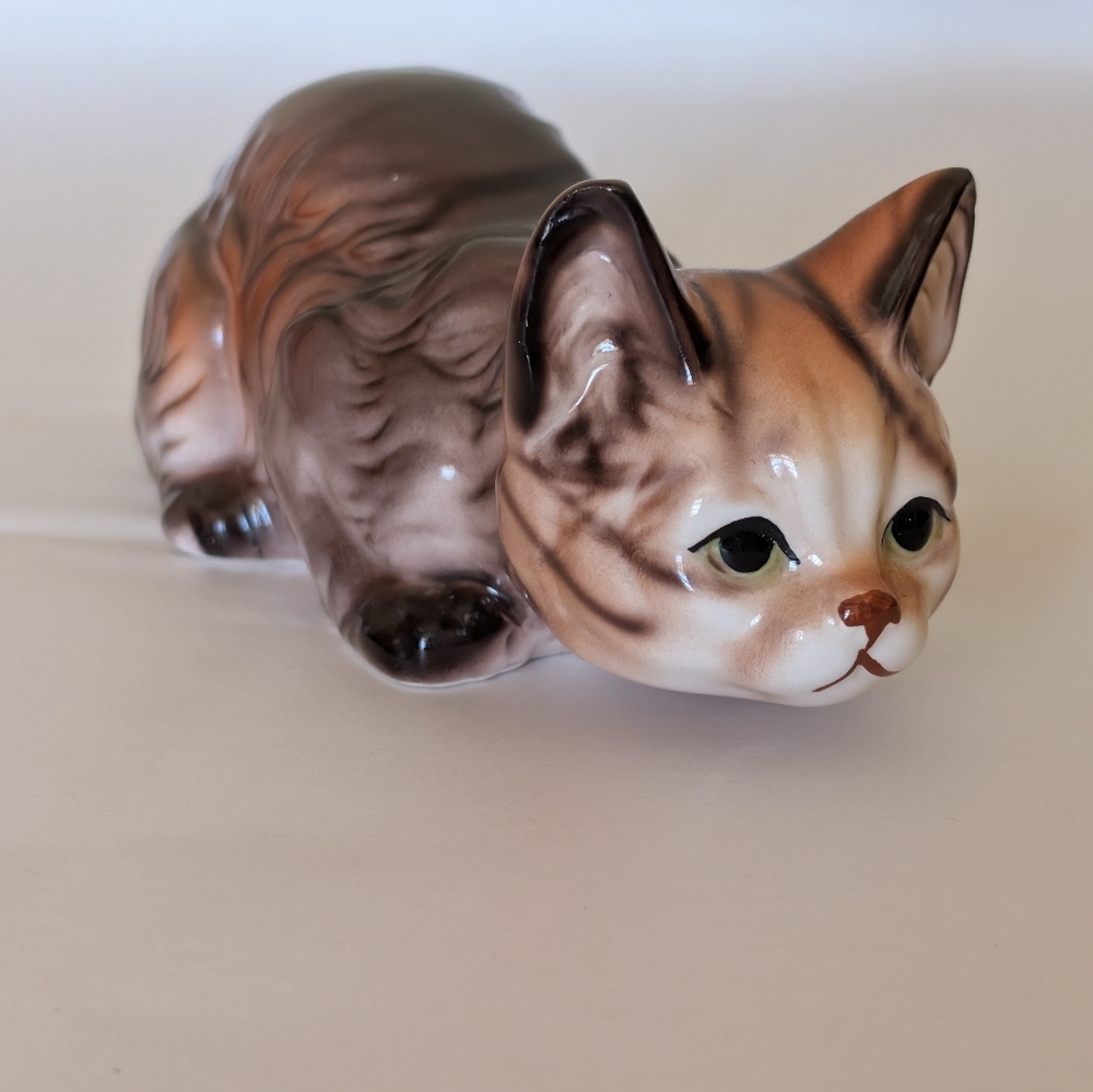 Vintage Hand painted Crouching Tabby Kitten Figurine Cat Lover Cat Lady Ceramic